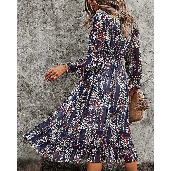 Welity Puff Sleeve V-Neck Ruffle Layer Swing Midi Dress for Women, Navy Blue | S - Picture 10 of 10